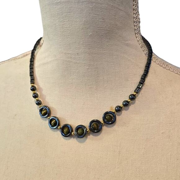 Vintage Hematite Tiger Eye Bead Necklace Gold Tone Accents 16" Choker Jewelry - Picture 3 of 7